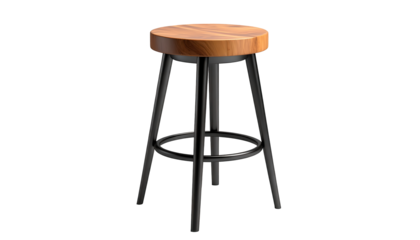 Modern wooden stool with a circular seat and a black metal frame stands isolated against a dark, plain background, showcasing its minimalist design and natural wood grain texture.