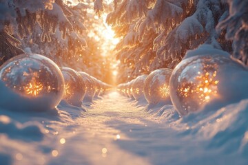 Snowy path adorned with Christmas balls.
