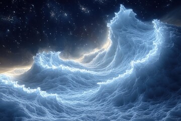 Blue wave in ocean under starry night sky.