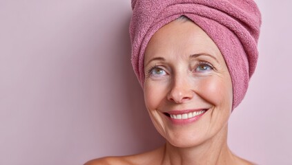 Middle-aged woman cancer patient wearing headscarf and smiling on pink background.
