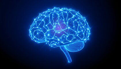Digital illustration of a glowing blue brain with connected nodes, representing neural networks.