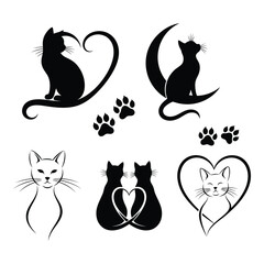 Charming feline designs cat silhouettes paw prints heart shapes and cute cat outlines art silhouette