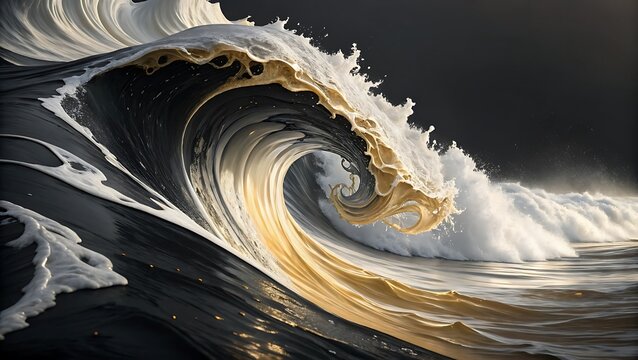 Majestic ocean wave with golden hues and dark undertow