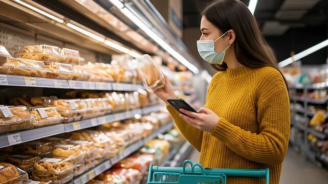 Young woman wearing a face mask shops in a grocery store, examining bread products and using her mobile phone for information, navigating shopping during an indoor experience.