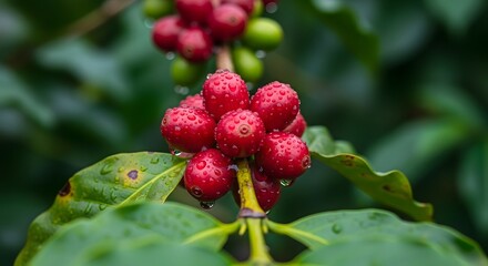 Close-up of ripe red coffee cherries with water droplets on a branch with green leaves, showcasing the raw fruit of the coffee plant.