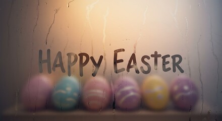"Happy Easter" Text on Steamy Window with Blurred Pastel Easter Eggs and Warm Light