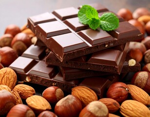 Dark chocolate bar stacked on nuts