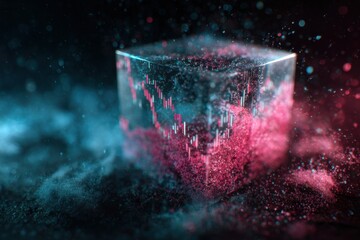 Glowing transparent cube containing complex financial data