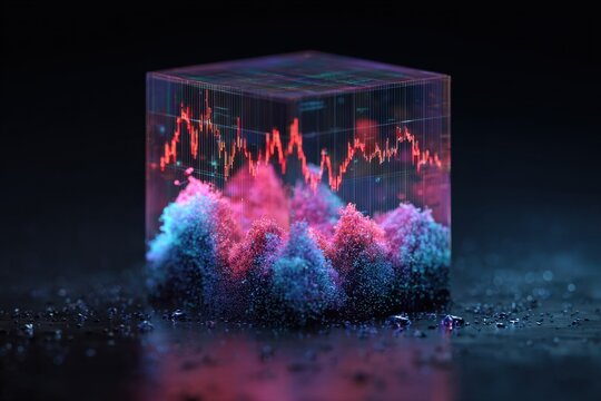 Glowing transparent cube containing complex financial data