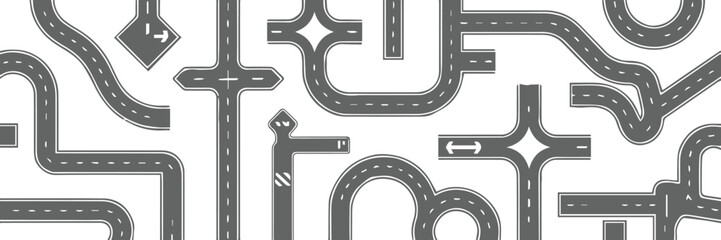 dark seamless road pattern vector with straight curved t junction and roundabout elements for traffic designs
