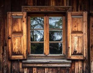 Fototapeta premium Rustic Wooden Window with Open Shutters