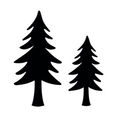 Two black silhouette pine trees of different sizes on a white background