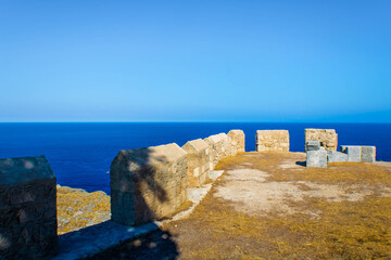The Acropolis of Lindos wall, the ruins of an ancient citadel, sea background, Rhodes,  Greece