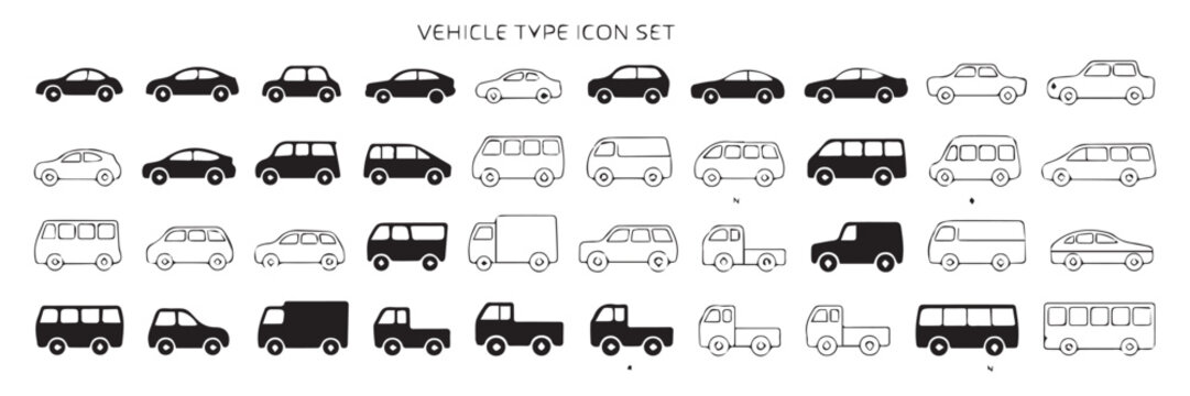 vehicle type icon set vector collection of sedan suv van truck bus and public transport silhouettes