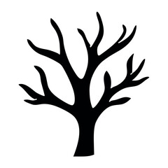 Silhouette of a bare deciduous tree with intricate branching patterns against a white background