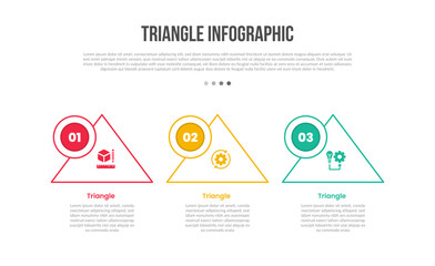 triangle base shape infographics template diagram with sharp edge and big circle badge on top side with 3 point step creative simple flat outline