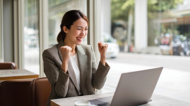 Joyful businesswoman celebrates milestone achievement in urban digital workspace inspiring success in modern environment