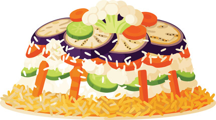 Classic Palestinian Maqluba, an upside-down rice dish layered with assorted vegetables and a golden crust, representing traditional Middle Eastern cuisine