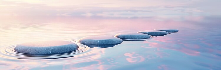 Serene stepping stones float on calm, pastel-hued water, reflecting a soft sky