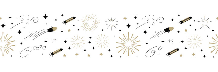 seamless festive fireworks vector pattern black gold stars rockets sparks for celebration greeting cards and banners