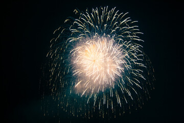 A massive cloud of firework sparks fills the night sky, with countless bright particles spreading outward, creating a dynamic and spectacular visual effect against the dark backdrop.