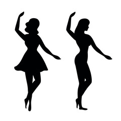 Silhouettes of two graceful women dancing in elegant poses against a white background