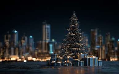 Fototapeta premium Christmas tree and gifts with city skyline at dusk
