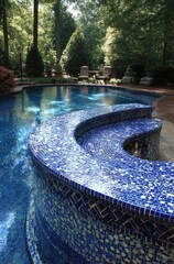 A curved mosaic tile bar area surrounds a luxurious swimming pool, showcasing a blend of rich blues and serene greens.