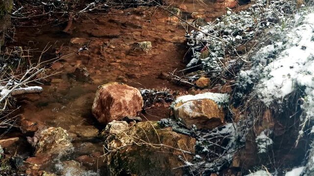 Mountain creek flowing between snowy banks in early spring &mdash; clear water, natural landscape, 4K video