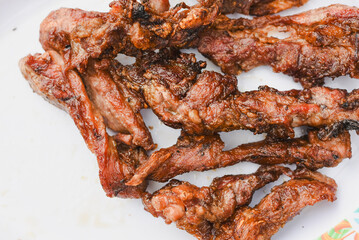 close-up overhead shot of several pieces of cooked, grilled, or fried meat served on a plate