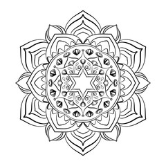 ornamental round ornament Mandala Flower with Geometric Star Design – Black and White Line Art