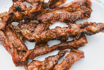 close-up overhead shot of several pieces of cooked, grilled, or fried meat served on a plate