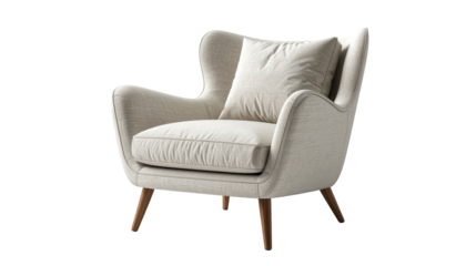 Comfortable armchair in a minimalist style is featured with a neutral color palette, highlighting a single, cozy, and inviting piece of furniture against a solid black background, showcasing an...