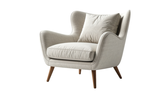 Comfortable armchair in a minimalist style is featured with a neutral color palette, highlighting a single, cozy, and inviting piece of furniture against a solid black background, showcasing an...