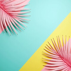 Exotic summer vacation concept with pink tropical palm leaves on a vibrant, colorful geometric background. Flat lay.