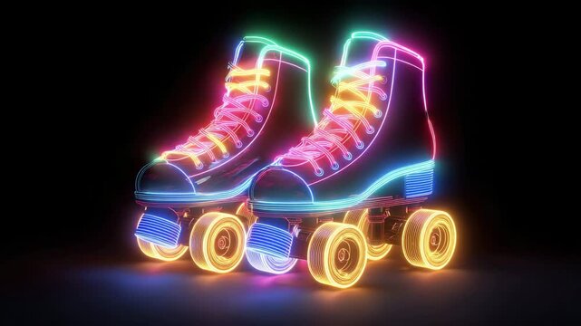 Colorful neon roller skates shine brightly against black background
