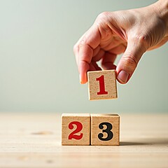 Strategy, ranking and priority concept. Hand building a sequence of 1, 2, 3 with wooden blocks for a step-by-step process.