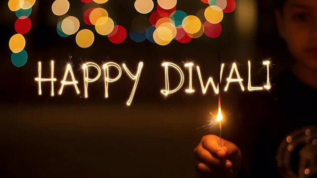 Child writes happy diwali with sparkler festive celebration