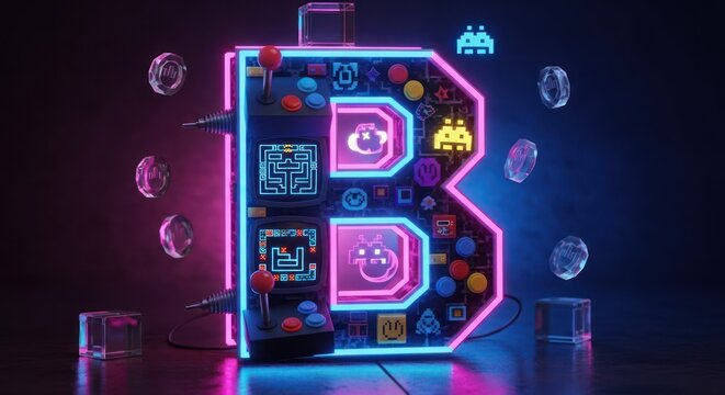 Retro arcade machine with a pixelated game interface and neon lights.