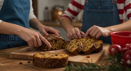 温かい柔らかな自然光が優しく降り注ぐ家庭的なキッチンで二つの手が丁寧に包丁を使い豊かなドライフルーツがぎっしり詰まった香ばしい焼き立てパンを切り分け心躍る冬の祝祭を祝う準備を笑顔で共に楽しむ心温まる光景. AI Generated
