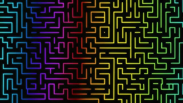 Colorful maze pattern with neon lights in a dark background