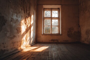 Golden sunlight streams into old, abandoned room
