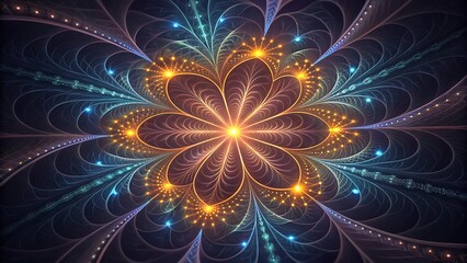 Intricate fractal flower glowing with vibrant orange and blue lights against a dark background.