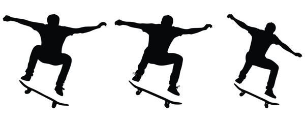 Set of black skateboarder silhouettes showing different skating poses. Perfect for sports design, street culture themes, vector illustration, and urban style artworks.