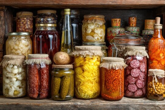Rustic wooden shelf full of preserved food jars