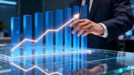 Businessman Hand Touching Growing 3D Graph