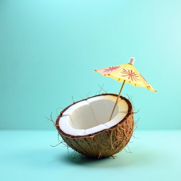 Summer vacation and tropical relaxation concept with a fresh half coconut drink and cocktail umbrella on a blue background.
