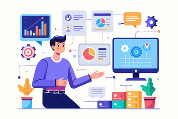
Modern digital workspace showing artificial intelligence technology with holographic data analytics and virtual dashboards. A professional working on a laptop surrounded by futuristic AI visualizatio