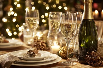 Festive champagne glasses and bottle on holiday dinner table