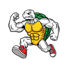 Muscular cartoon turtle running fast in red sneakers